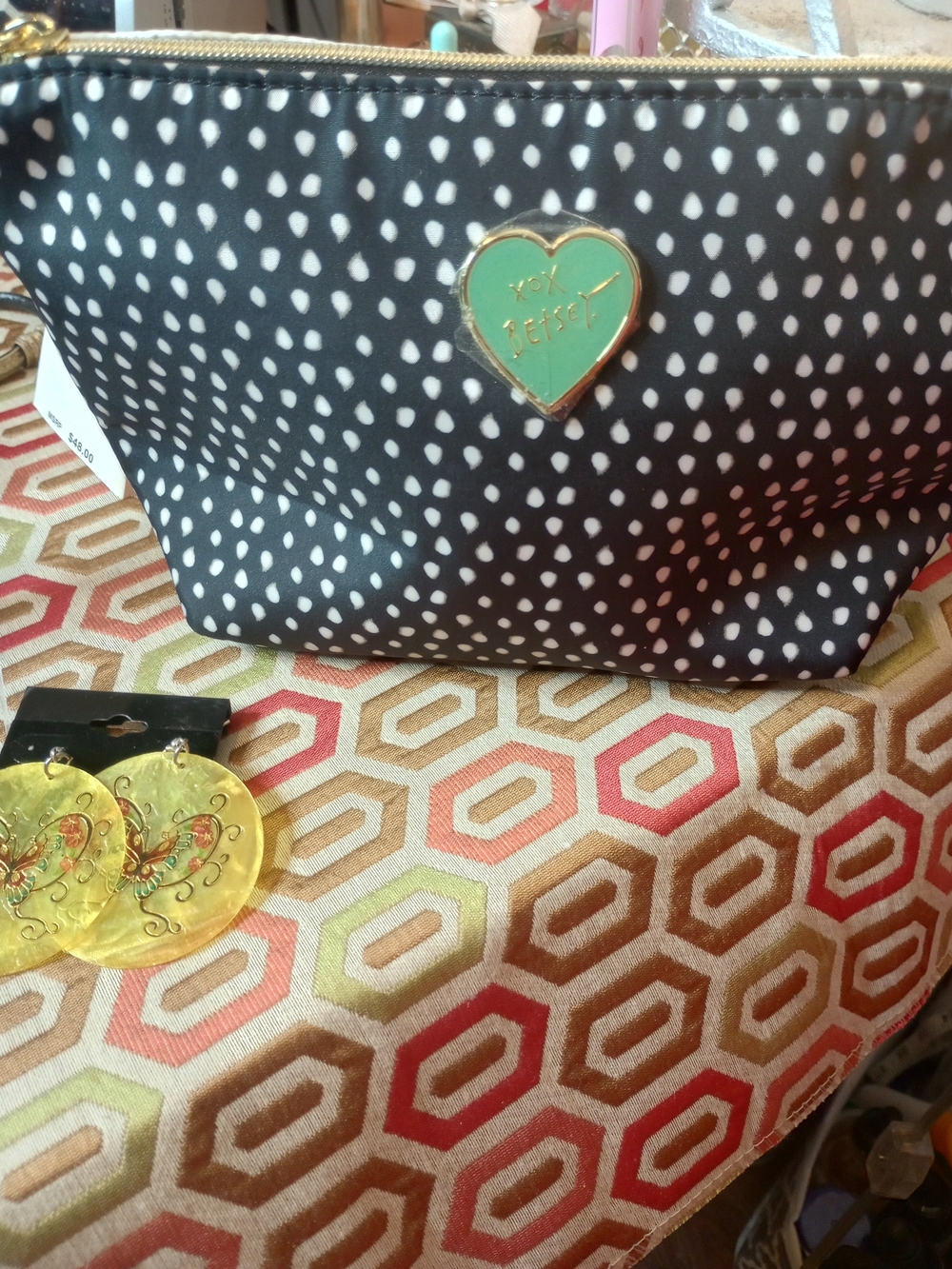 Betsey Johnson Black & White Dot Cosmetic Pouch with Mint Heart Accent